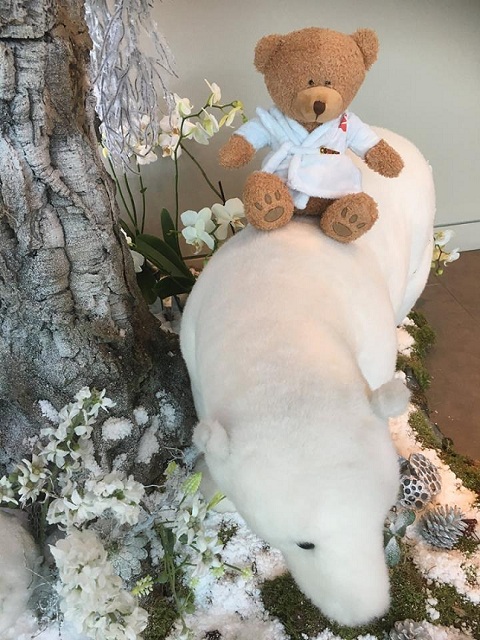 Victor Bear riding polar bear at Hilton Leeds